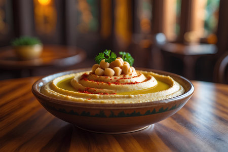 Bowl of hummus with chickpeas on a wooden tableの素材