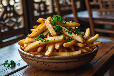 Golden French fries with parsley in a bowl on a wooden tableの素材