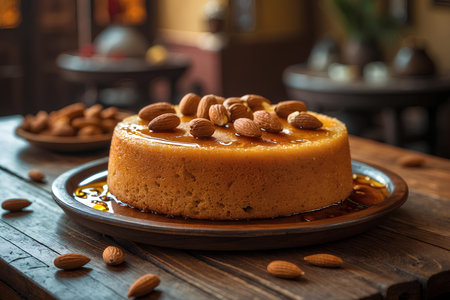 Caramel cheesecake with almonds on wooden background. Selective focus.の素材
