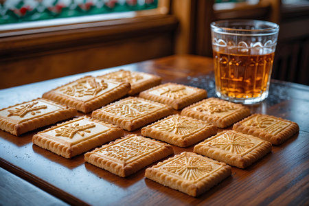 Biscuits and a glass of tea on a wooden table.の素材