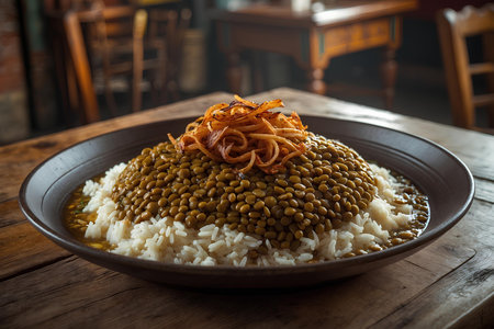 Mung beans with rice and carrot in a plate on wooden tableの素材