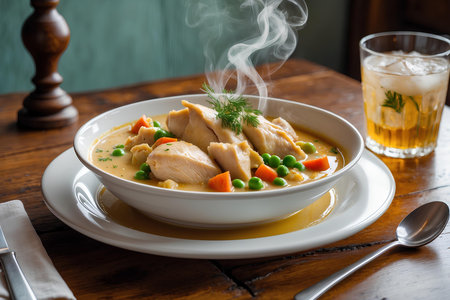 Chicken soup with green peas and carrots in a bowl on a wooden tableの素材