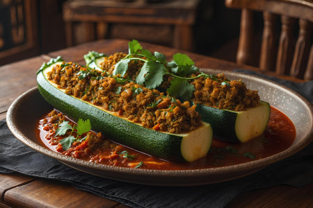 Zucchini stuffed with minced meat and rice served in tomato sauceの素材