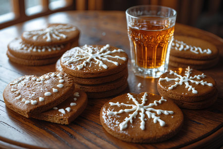Gingerbread cookies and a glass of tea on a wooden tableの素材