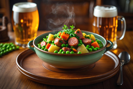Green peas stew with sausages in a bowl on a wooden tableの素材