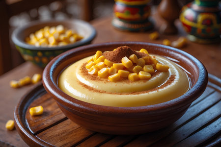 Pudding with corn in a clay bowl. Selective focus.の素材