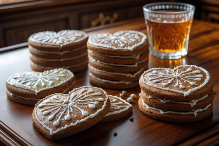 Homemade gingerbread cookies with white frosting and a glass of teaの素材