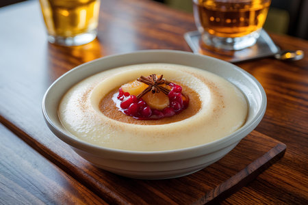 Creamy vanilla pudding with cranberries and cinnamon on wooden tableの素材