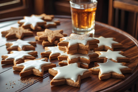 Beautiful cookies and a glass of cola on a wooden table in a cafeの素材