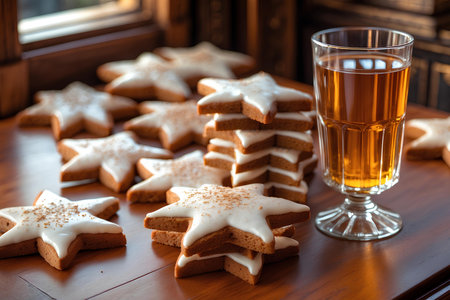 Cup of tea with star-shaped cookies on a wooden tableの素材