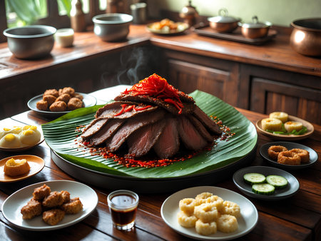 Roast duck on a banana leaf with vegetables and sauce in a restaurantの素材