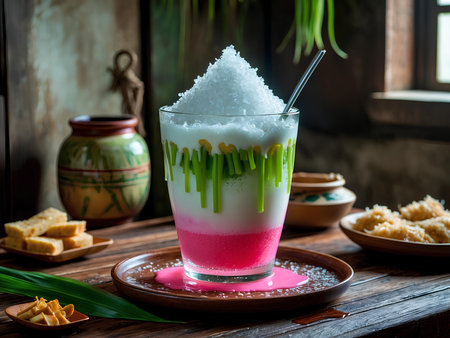 Thai dessert in a glass on a wooden table, Thailand.の素材