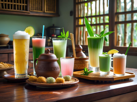 Variety of colorful smoothies on wooden table in coffee shop.の素材