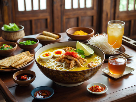 Noodle soup with chicken in bowl on wooden table, Thailand.の素材