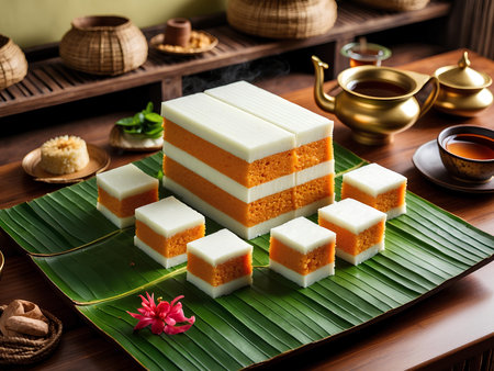 Thai dessert made of coconut milk and sugar on banana leaf.の素材