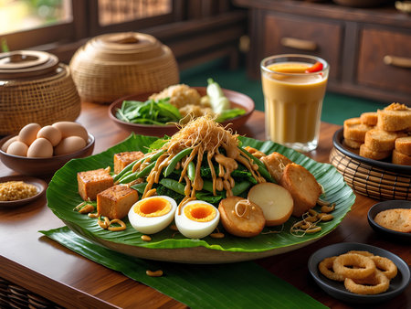Fried squid with vegetables and egg in a plate on the tableの素材