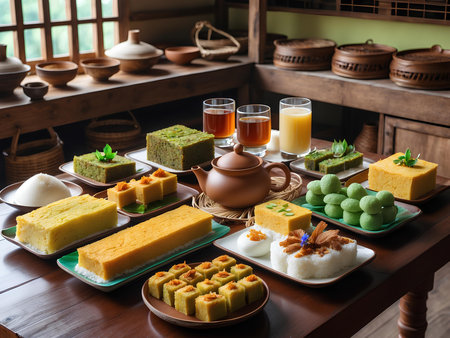 Variety of chinese sweets and desserts on a wooden table.の素材