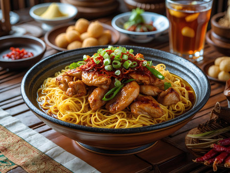 Chinese noodles with chicken and vegetables in a bowl on a wooden tableの素材
