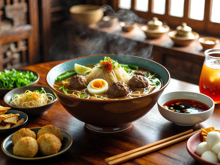 Bowl of noodle soup with meatballs, egg and vegetablesの素材