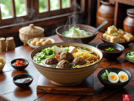 Bowl of noodle soup with meatballs and vegetables on wooden tableの素材