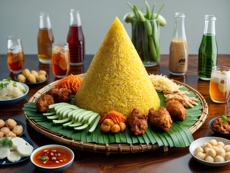 Traditional malaysian fried rice with chicken and vegetables on wooden tableの素材