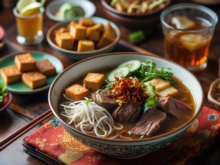 Vietnamese noodle soup with beef and tofu on wooden tableの素材