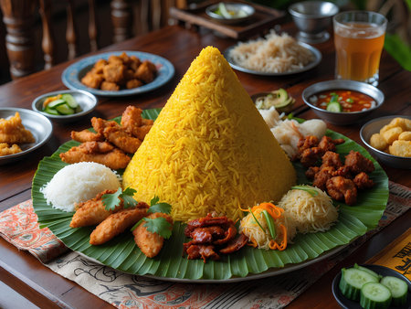 Nasi lemak is a malaysian dish consisting of rice, chicken and other ingredients.の素材