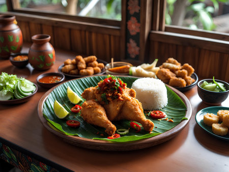 Fried chicken with rice and vegetables on wooden table in a restaurantの素材
