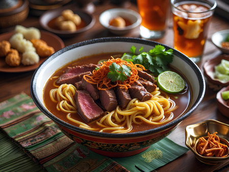 Asian noodle soup with beef and vegetables in a bowl on wooden tableの素材