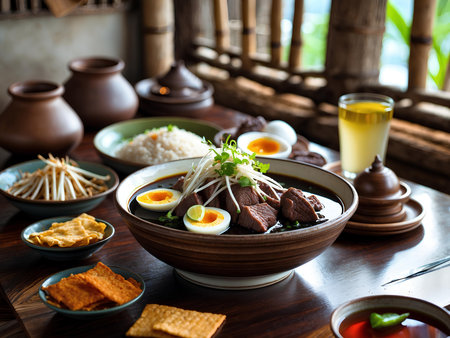Rice soup with beef and egg in bowl on wooden table.の素材