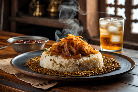 Rice with beef and kimchi served on a plate.の素材