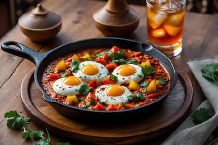 Shakshuka with paprika and fried egg in a frying panの素材
