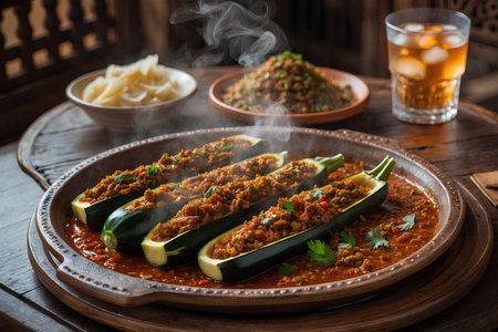 Zucchini stuffed with minced meat and rice on a wooden tableの素材