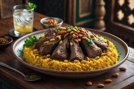 Traditional Uzbek pilaf with meat, rice and nuts on wooden tableの素材