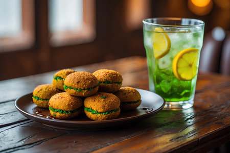 Homemade cookies with lemon and mint on a wooden table, selective focusの素材