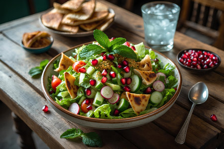 Fresh vegetable salad with pomegranate seeds and mint on wooden tableの素材
