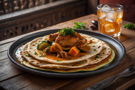 Chicken quesadilla with pumpkin and zucchini on a plateの素材