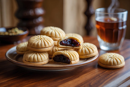 Cookies with jam and cup of tea on a wooden table.の素材