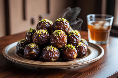 Homemade dates with pistachios and honey on a plate.の素材