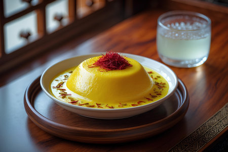 Creamy panna cotta with a cup of milk in the backgroundの素材