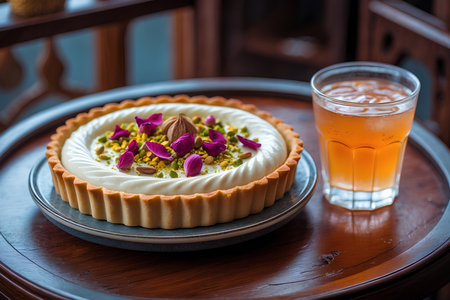 Almond cake with pistachio on top and glass of teaの素材