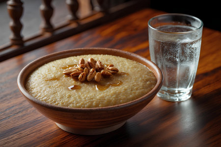 Bowl of porridge with nuts and glass of water on wooden backgroundの素材