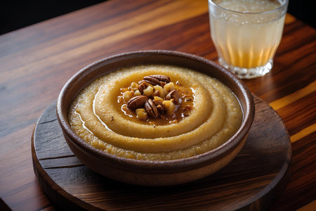 Bowl of pumpkin porridge with pecan nuts on wooden tableの素材