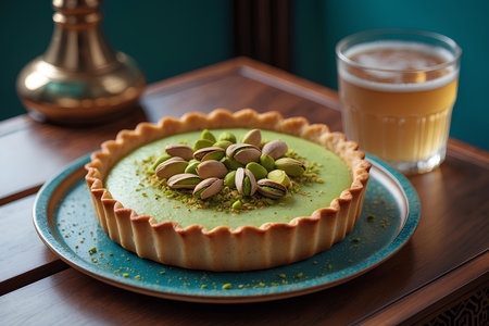 Homemade pistachio tart with pistachios on a tableの素材