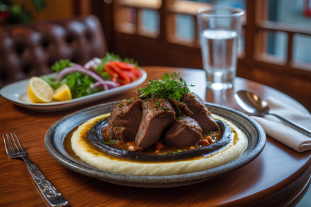Beef stew with mashed potatoes in a plate on a wooden tableの素材