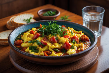 Scrambled eggs with tomatoes and parsley on a wooden tableの素材