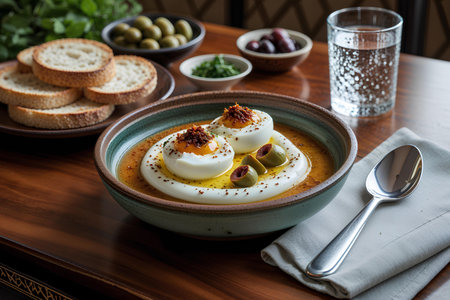 Eggs soup with mozzarella cheese, olives and herbsの素材