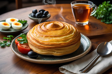 Puff pastry with tomato and black olives on a wooden tableの素材