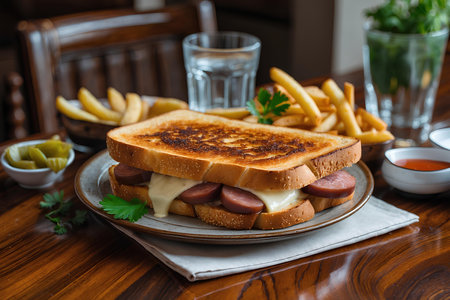 Sandwich with cheese, sausage and french fries on a wooden tableの素材