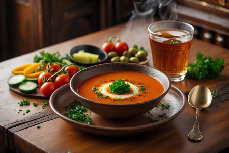 Tomato soup with cream and parsley in ceramic bowl on wooden tableの素材
